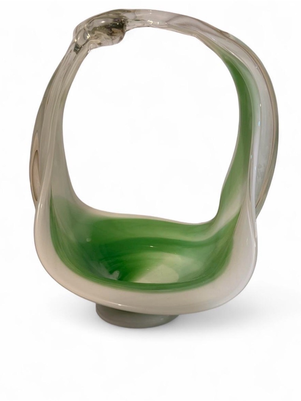 Vintage MCM Hand Blown Murano Style Green White Cased Art Glass Basket Bowl 12.5 - Picture 2 of 8